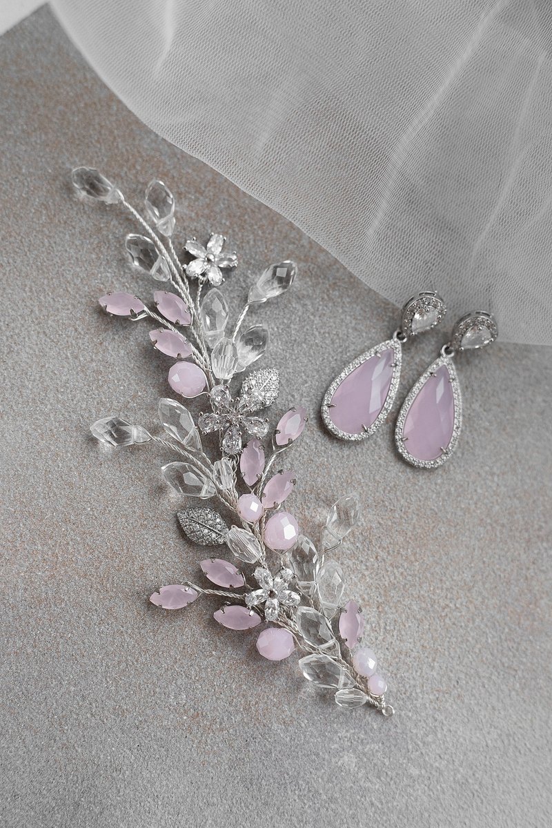 Pink silver floral hair vine, Rose flower hair piece for wedding hairstyle - Hair Accessories - Clay Pink