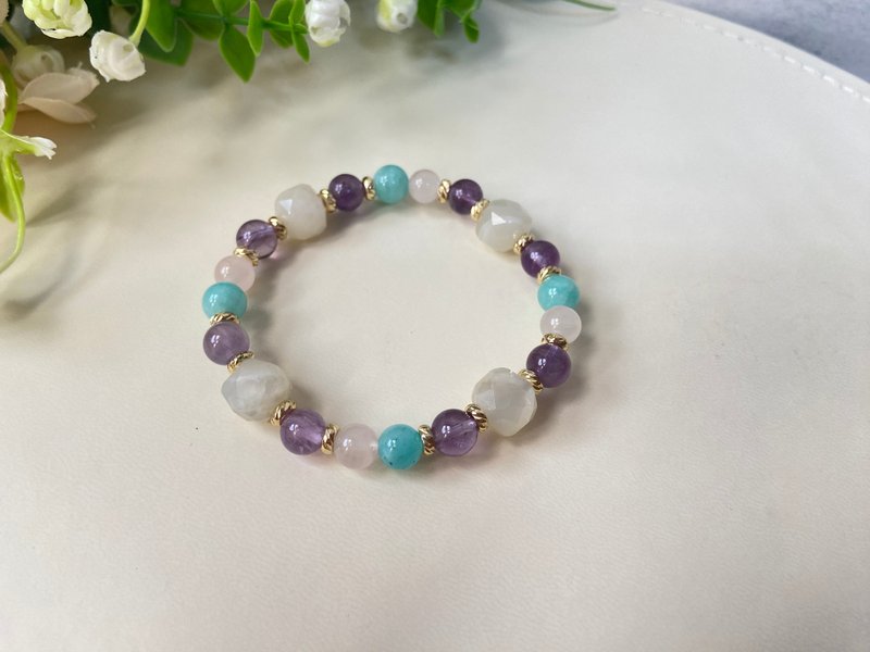 情緒柔化。幸運召喚。貴人運。灰綠月光/天河石/西柚粉晶/紫水晶 - 手鍊/手鐲 - 半寶石 多色