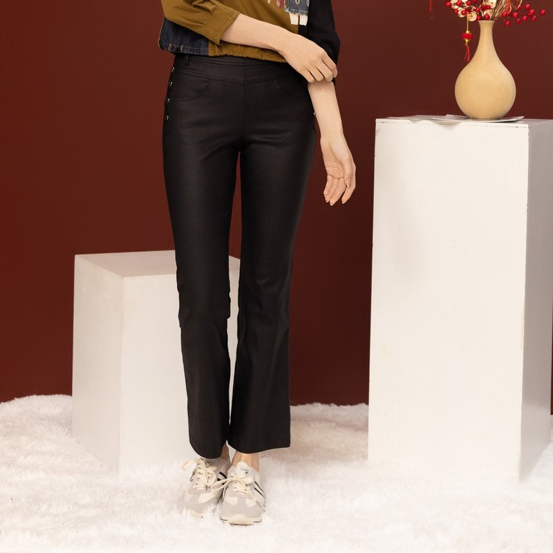 【MEDUSA】側排釦高彈性類皮褲(M-XL) | 女長褲 女休閒長褲 - 女長褲 - 棉．麻 黑色