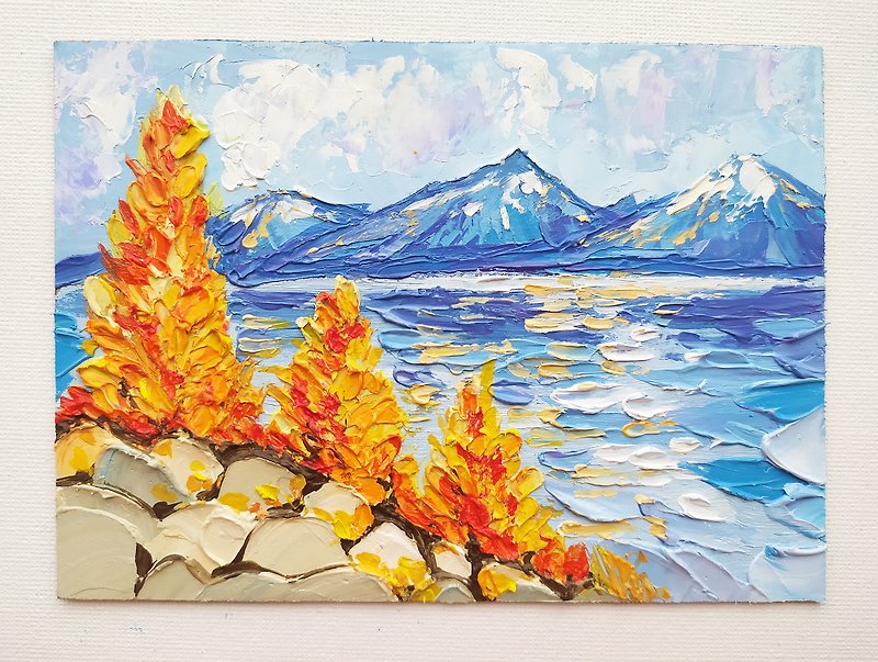 Landscape Autumn Lake Tahoe oil painting impasto original work mountain trees - Wall Décor - Other Materials Orange