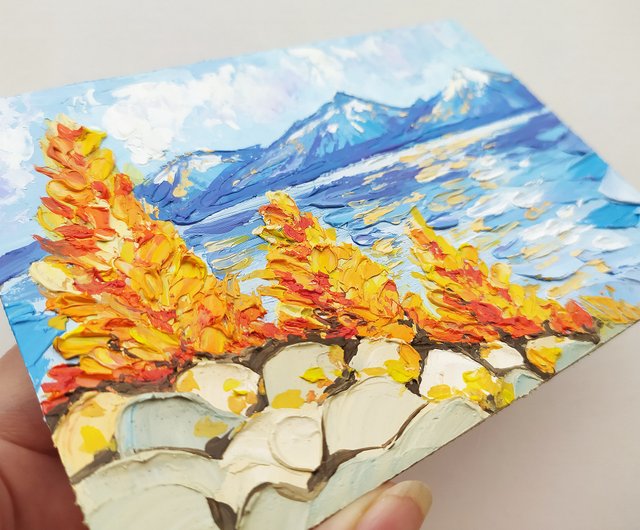 風景秋のタホ湖油絵インパストオリジナル作品山木 - ショップ Nadinart
