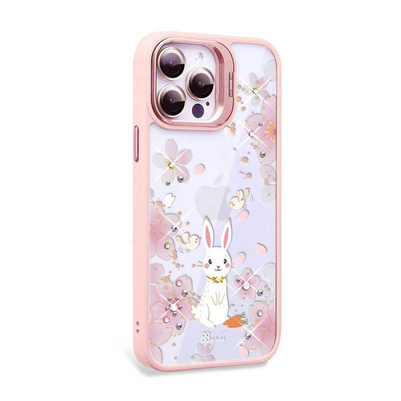 iPhone 15 series shockproof dual-material invisible stand color diamond phone case-Lucky Rabbit YOU-Pink frame - เคส/ซองมือถือ - วัสดุอื่นๆ หลากหลายสี