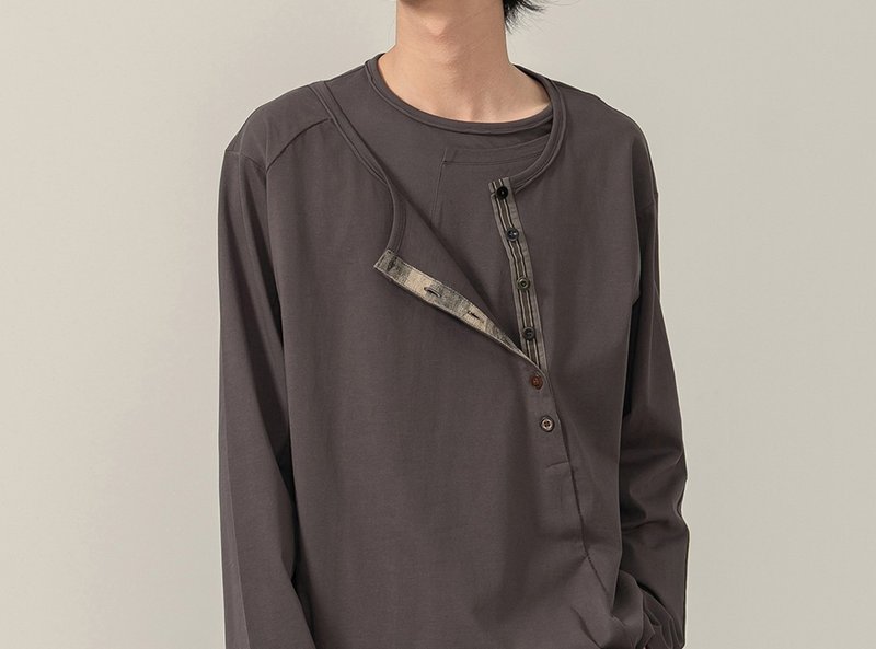 【櫛花】森系文藝復古 亨利領打底T恤 - 男 T 恤 - 其他材質 灰色