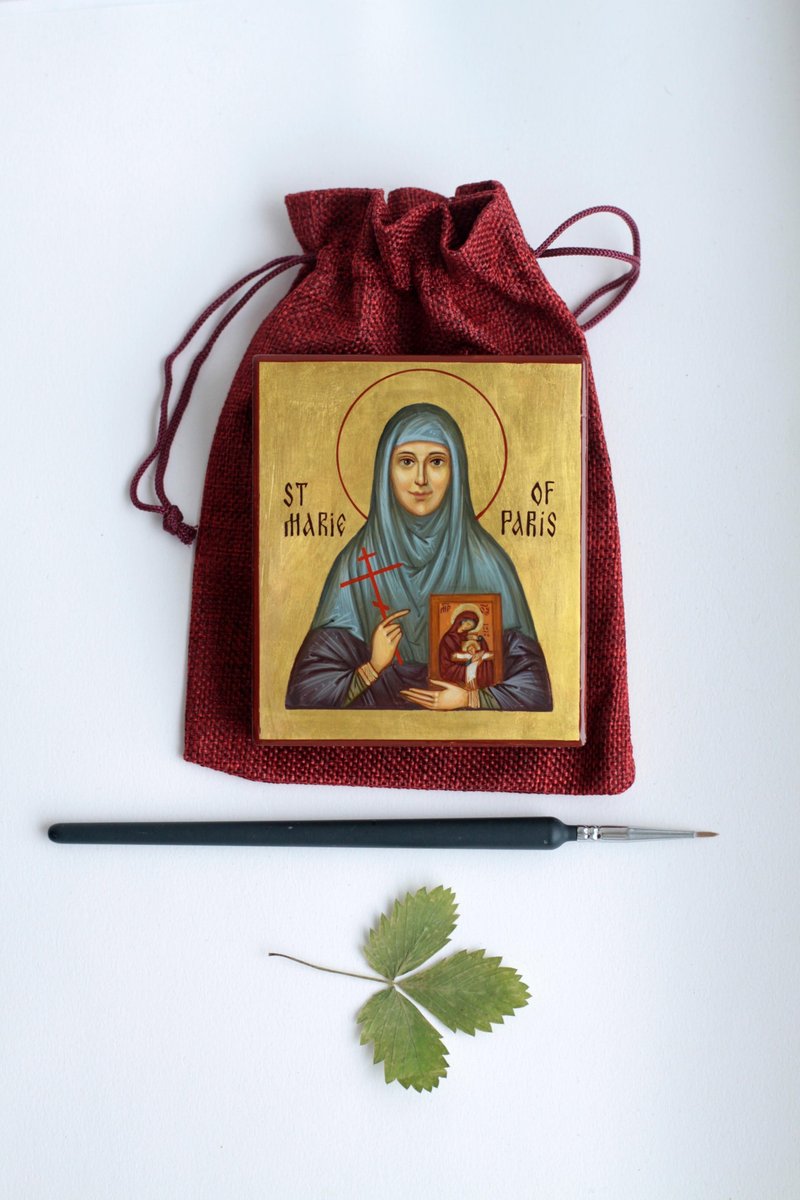 hand painted orthodox christian Icon Saint Mary of Paris (Skobtsova) miniature - 其他 - 木頭 金色
