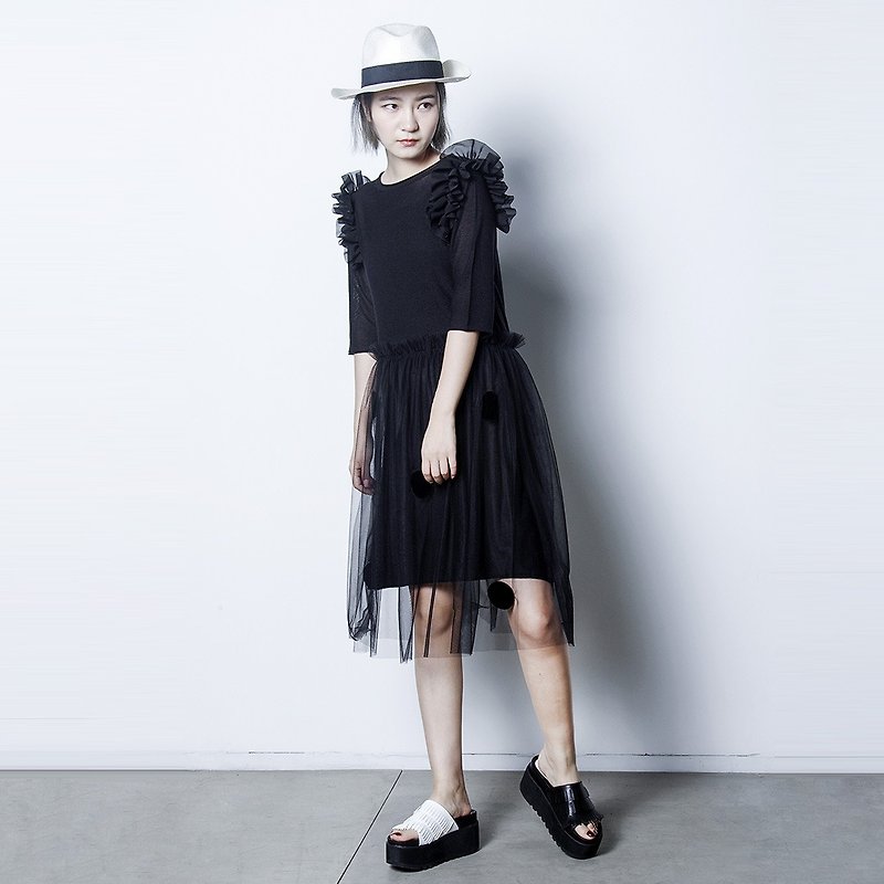 黑色網紗連身裙 洋裝 - imakokoni - 洋裝/連身裙 - 棉．麻 黑色