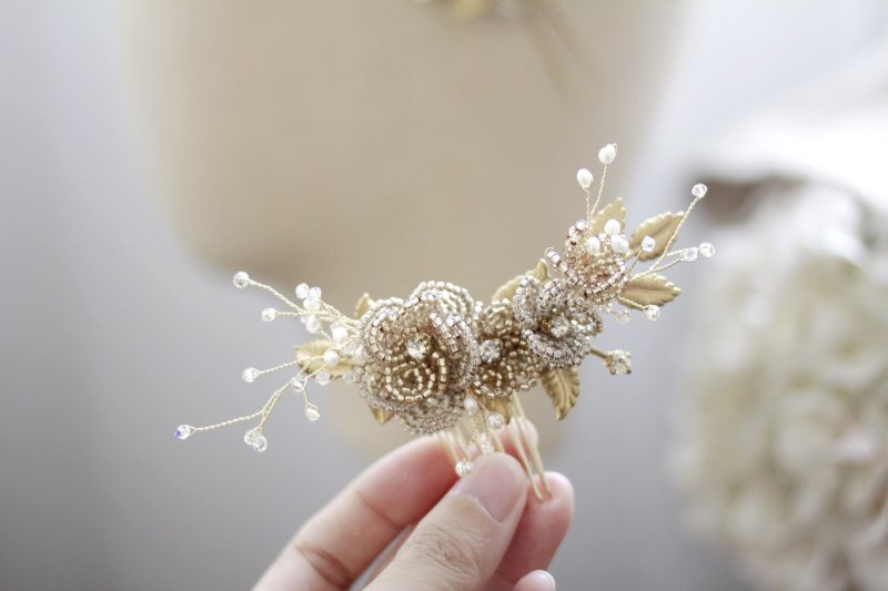 手工淺金珠花頭飾,新娘水晶頭飾,復古金頭飾,bridal headpiece - 髮夾/髮圈 - 水晶 金色