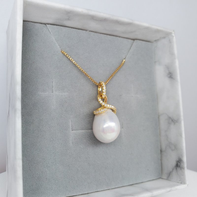 Precious Natural Cream White Freshwater Drop Pearl Silver Gold Ribbon Necklace - Necklaces - Pearl Gold