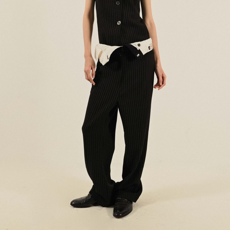 【NaSuBi Vintage】Upcycling反折褲頭條紋古著寬褲 - 女裝闊腳褲/長褲 - 其他人造纖維 黑色