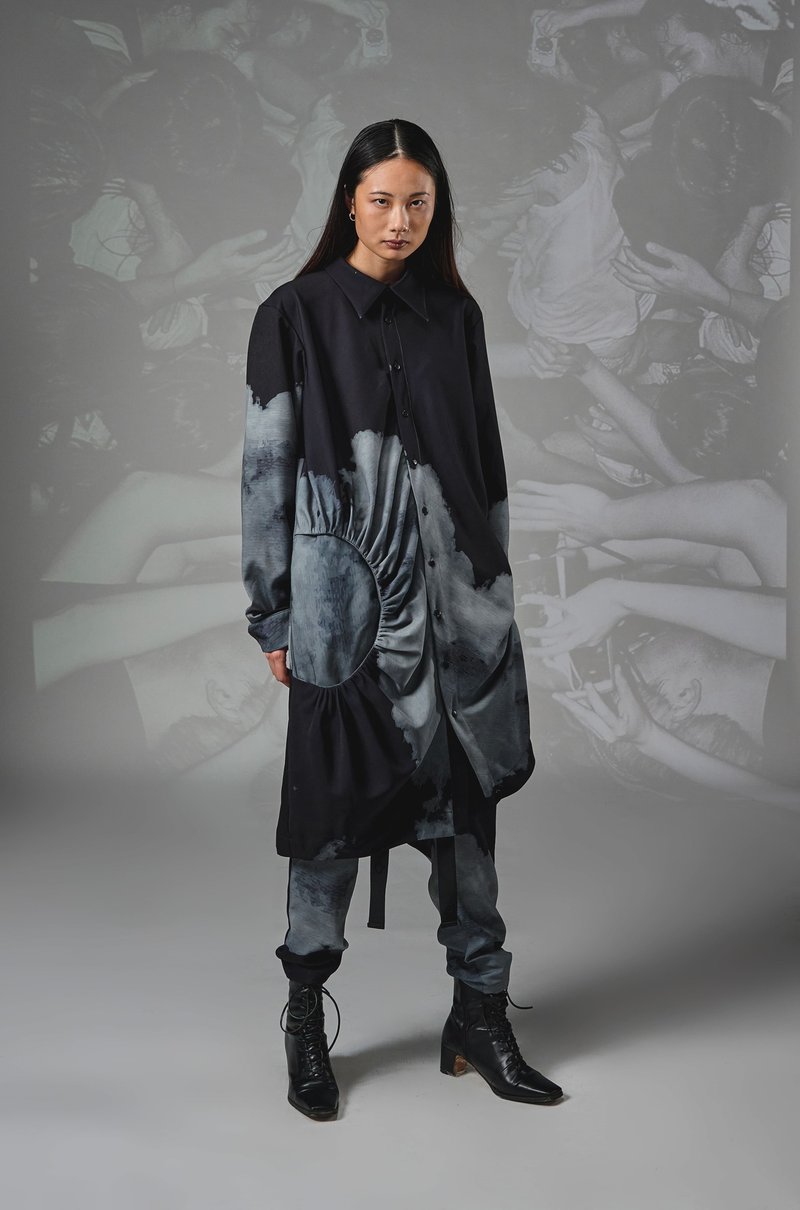 圓形抽皺口袋襯衫 - 女襯衫 - 聚酯纖維 黑色