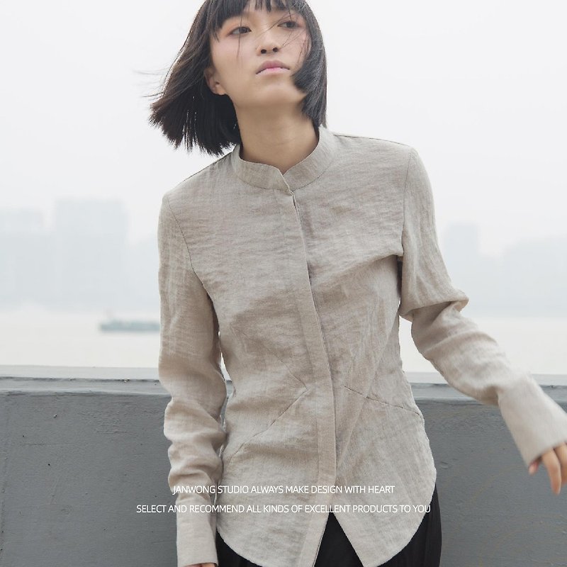 Original design women's Zhongshan collar design summer long-sleeved shirt stand-up collar literary retro style blouse new - Women's Shirts - Cotton & Hemp Black