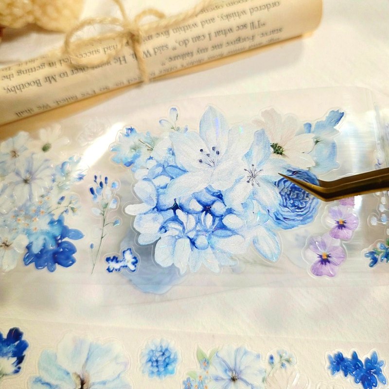 Full Roll_LOPO Sky Blue Flower Iridescent Kiss-Cut Masking Tape 5m - 紙膠帶/和紙/PET - 其他材質 