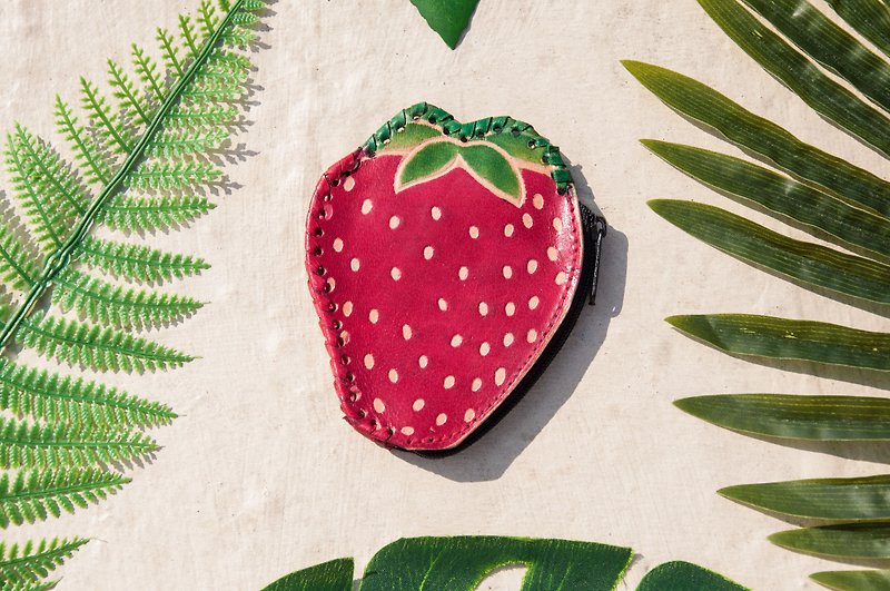 手工山羊皮零錢包/手繪風格皮革錢包/皮革小包-熱帶水果紅色草莓 - 零錢包/小錢包 - 真皮 紅色