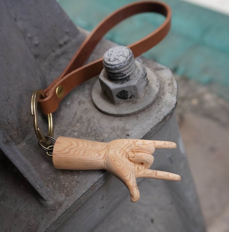 Leather handmade cypress carved small hand charm key ring (I love you gesture) - Keychains - Paper Brown