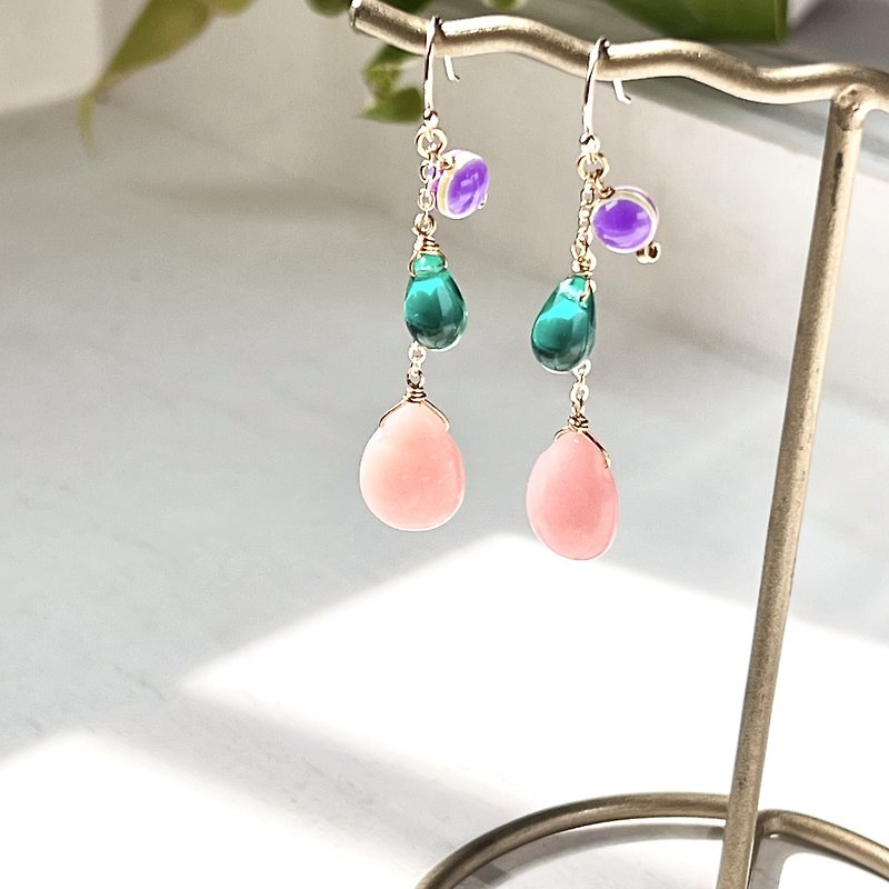 Natural stone rose quartz tear drop hanging glass drop pierced Clip-On allergy compatible surgical Stainless Steel 0026 - Earrings & Clip-ons - Semi-Precious Stones Pink