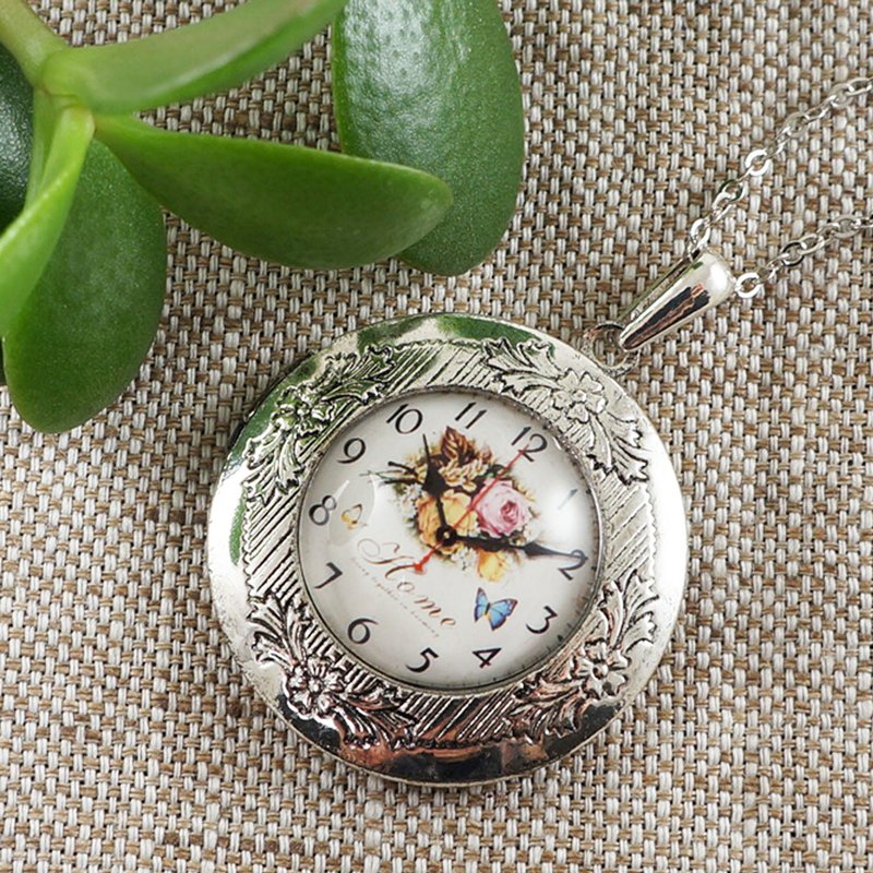 Watch Face Locket Silver Round Photo Locket Floral Pendant Necklace Jewelry Gift - 項鍊 - 玻璃 銀色