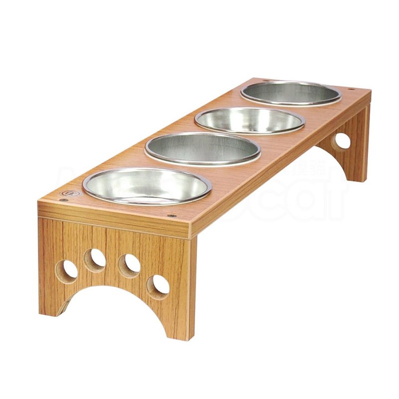 【MOMOCAT】四口小型犬貓餐桌 黃金柚木色 碗架附鐵碗 - 寵物碗/碗架/自動餵食器 - 木頭 