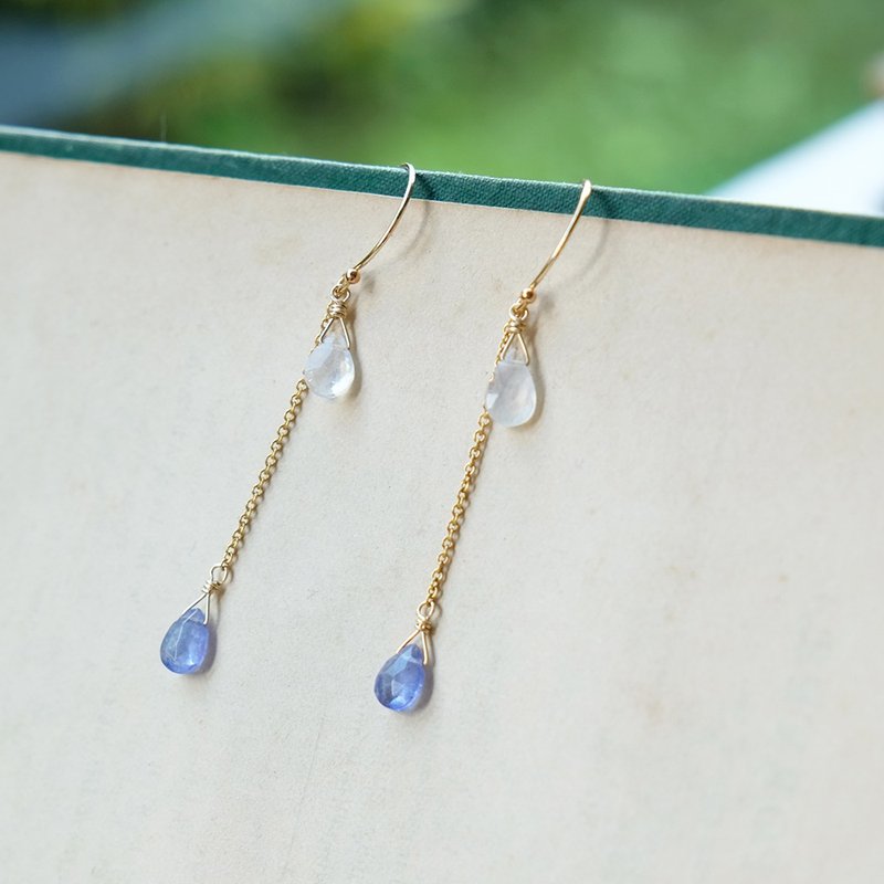 Reflection Tanzanite Earrings 14K Gold Infused Moonstone Natural Stone Light Jewelry - ต่างหู - เครื่องประดับพลอย สีน้ำเงิน