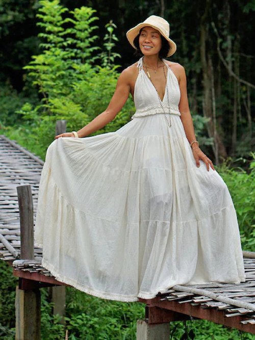 white cotton beach wedding dress