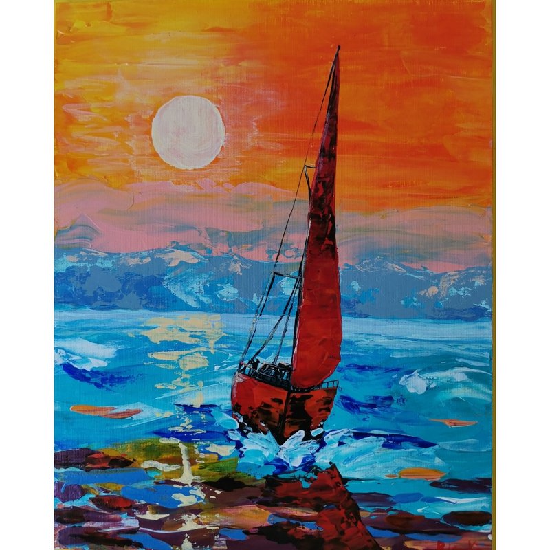 Yacht Sunset Seascape Original Art Hand Painted Unique Wall Decor By RinaArtSK - Wall Décor - Other Materials Multicolor