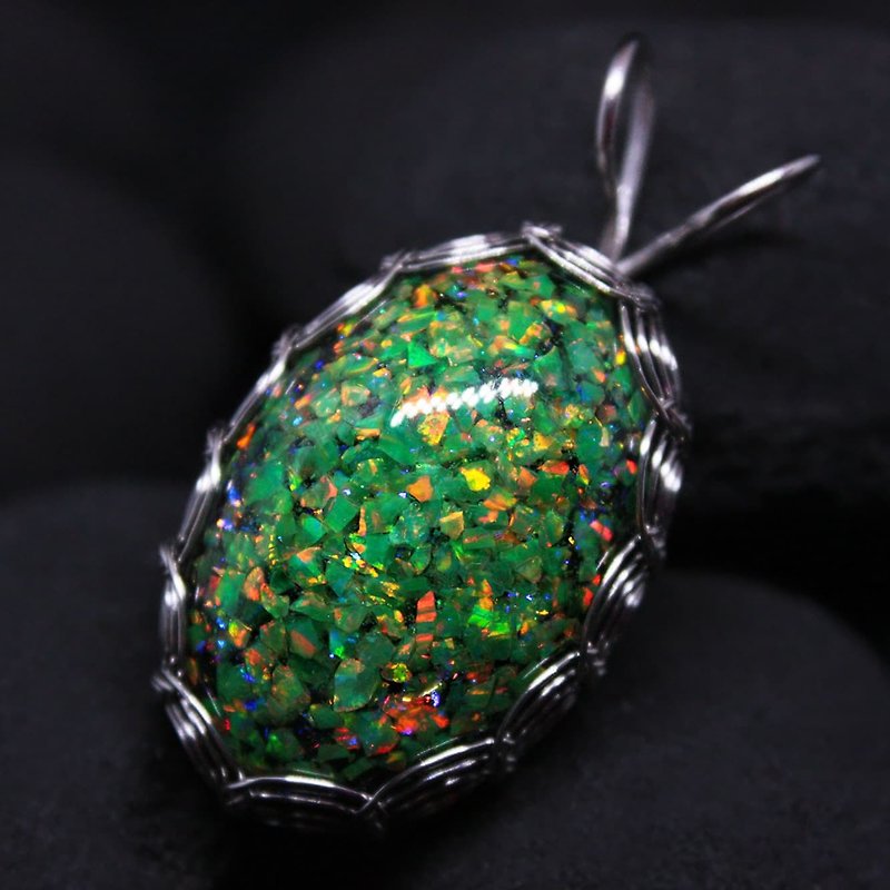 Green opal pendant. Dragon egg necklace with laboratory opal mosaic and lava
