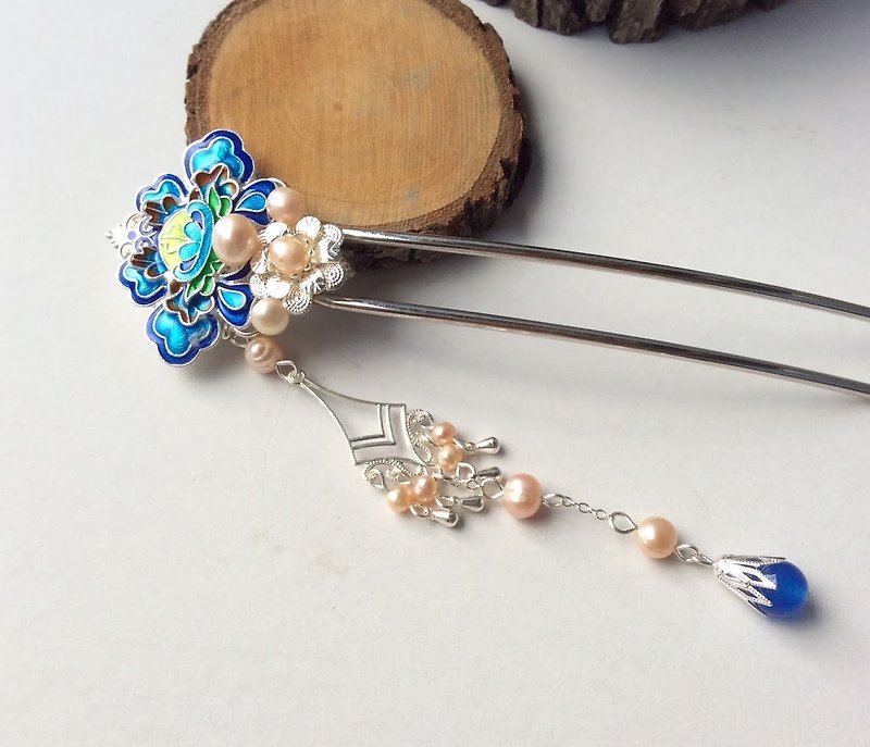 Meow Handmade ~ Cloisonne Hairpin (Silver Bottom/Freshwater Pearl) - Hair Accessories - Other Materials Blue