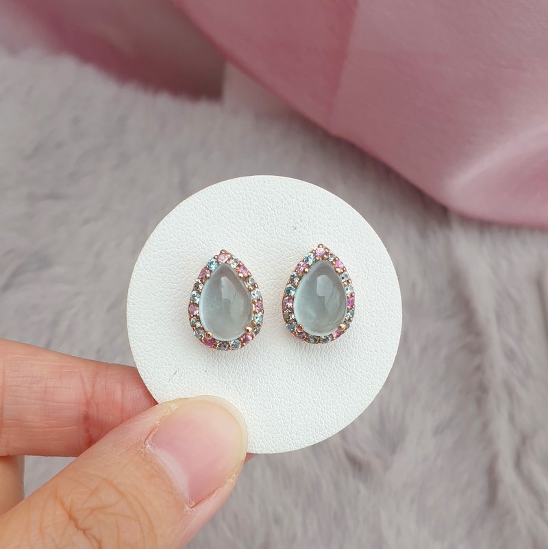Aquamarine earrings surrounded by Fancy gemstone, 925 Silver, rose gold plated - 耳環/耳夾/耳骨夾 - 寶石 藍色