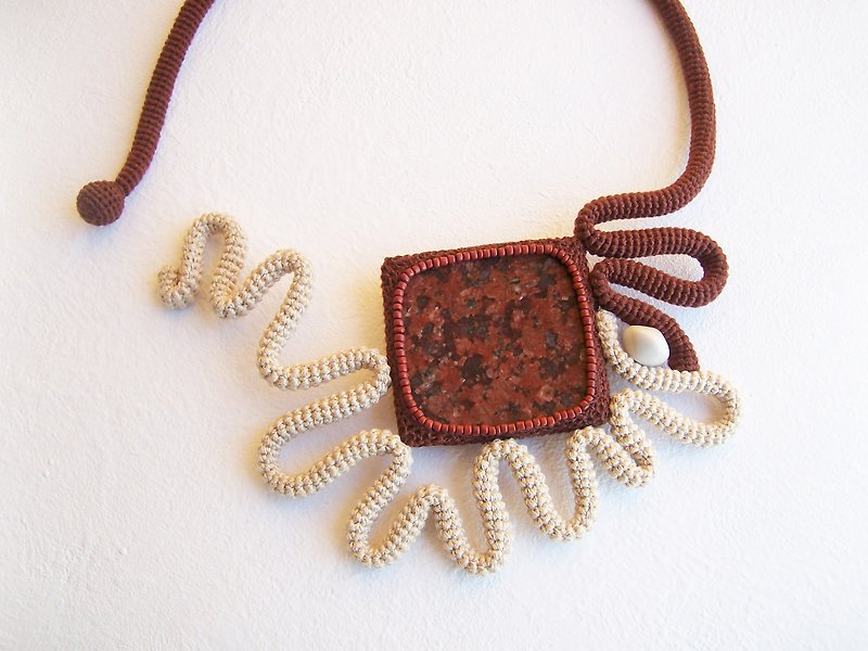 Fiber Art Crochet Necklace Granite Stone Ecru Cinnamon Freeform Tube Collar - Necklaces - Thread Brown