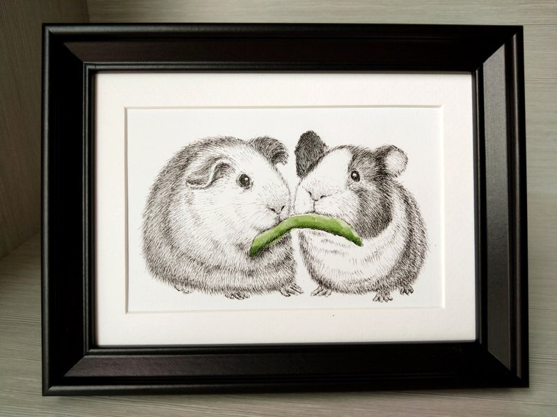 Hand-drawn pet portrait (adorable guinea pig) with frame - ภาพวาดบุคคล - กระดาษ ขาว