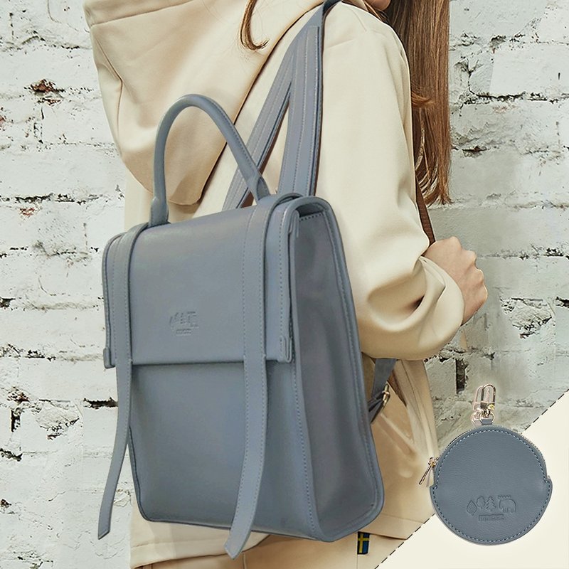 moz瑞典駝鹿 奶蓋拚色 防潑水 H-Bag 劍橋後背包(霧藍) - 後背包/背包/書包 - 防水材質 藍色