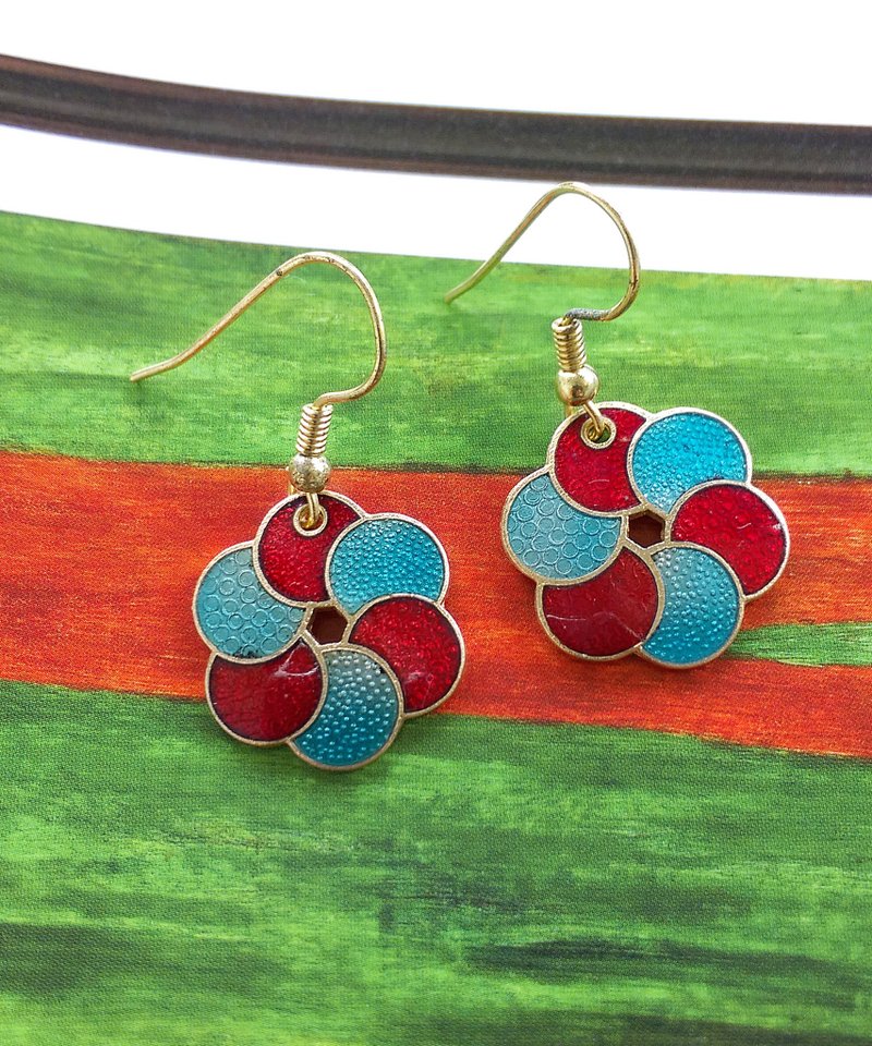 Vintage Jewelry 西洋古董飾品 景泰藍 藍紅 耳勾 針式耳環 - 耳環/耳夾/耳骨夾 - 其他金屬 金色