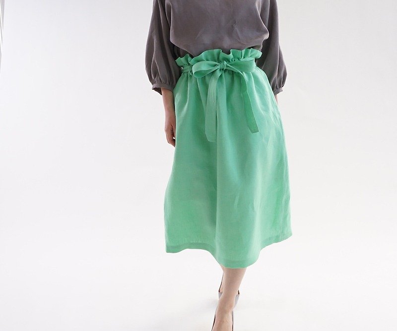 Belgian linen double loop rubber skirt / County Armor s010a-cta2 - Skirts - Cotton & Hemp Green