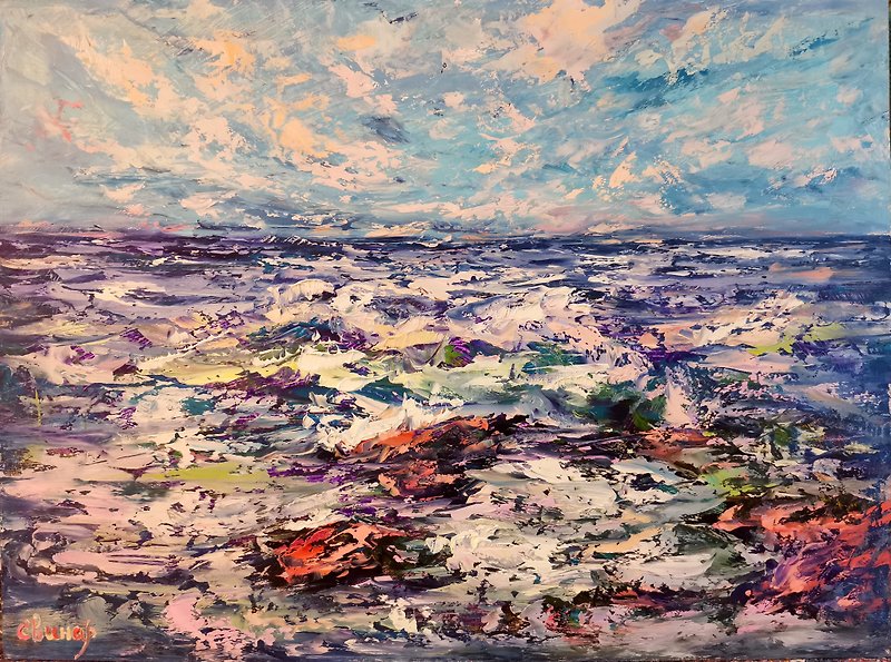 Ocean Sunrise Rocks Seascape Impasto Original Art Oil Painting Artist Svinar Ok - อื่นๆ - วัสดุอื่นๆ หลากหลายสี