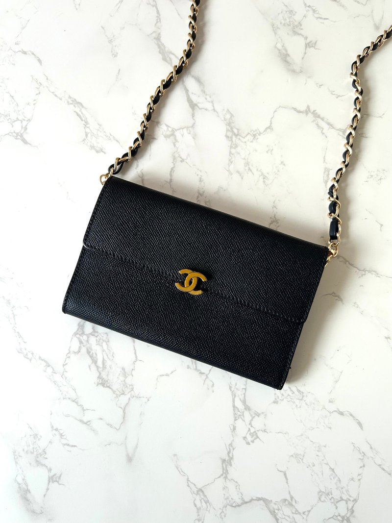 Rare second-hand Chanel black leather gold buckle cross-body side shoulder shoulder long clip Silver wallet WOC handbag - กระเป๋าแมสเซนเจอร์ - หนังแท้ สีดำ