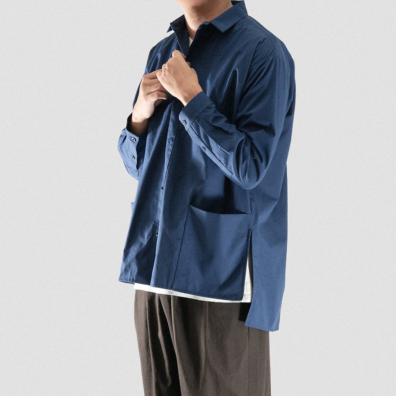 Bottom Square-Pocket Shirt - เสื้อเชิ้ตผู้ชาย - ผ้าฝ้าย/ผ้าลินิน สีน้ำเงิน