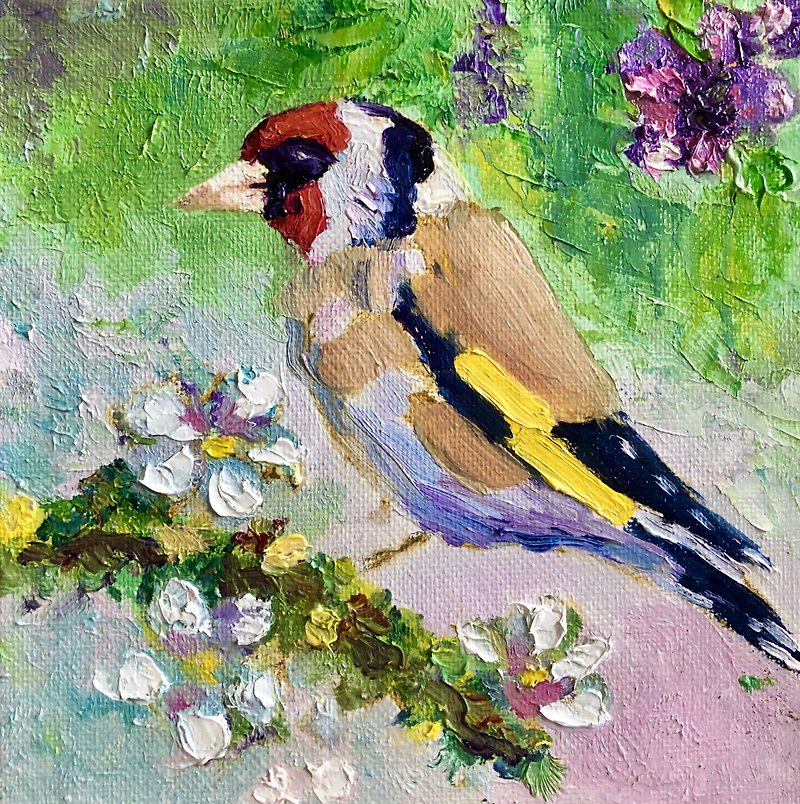 Bird Painting, Original Goldfinch Canvas Wall Art,  Miniature artwork - โปสเตอร์ - ผ้าฝ้าย/ผ้าลินิน 