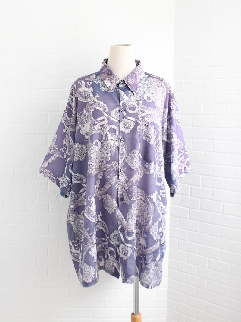 Spring and summer European retro 90s totem printing loose unisex short-sleeved purple gradient vintage shirt for men and women - เสื้อเชิ้ตผู้ชาย - เส้นใยสังเคราะห์ สีม่วง