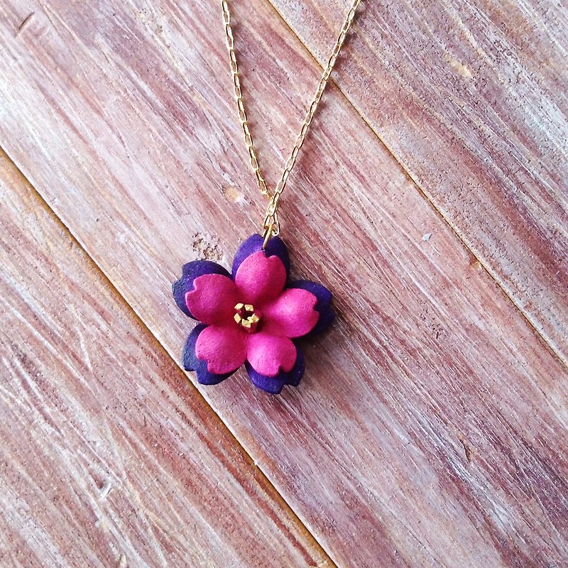 Leather Sakura Necklace Double Layer Pink Purple Kai Handmade Leather - Necklaces - Genuine Leather Purple