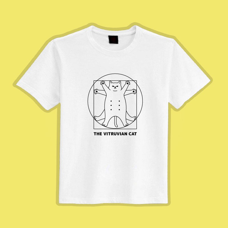 Vitruvian Cat Da Vinci Clothes T-shirt White T Children's Clothes Short Sleeve Pure Cotton Moisture-wicking Cool Feeling - เสื้อยืดผู้ชาย - ผ้าฝ้าย/ผ้าลินิน หลากหลายสี