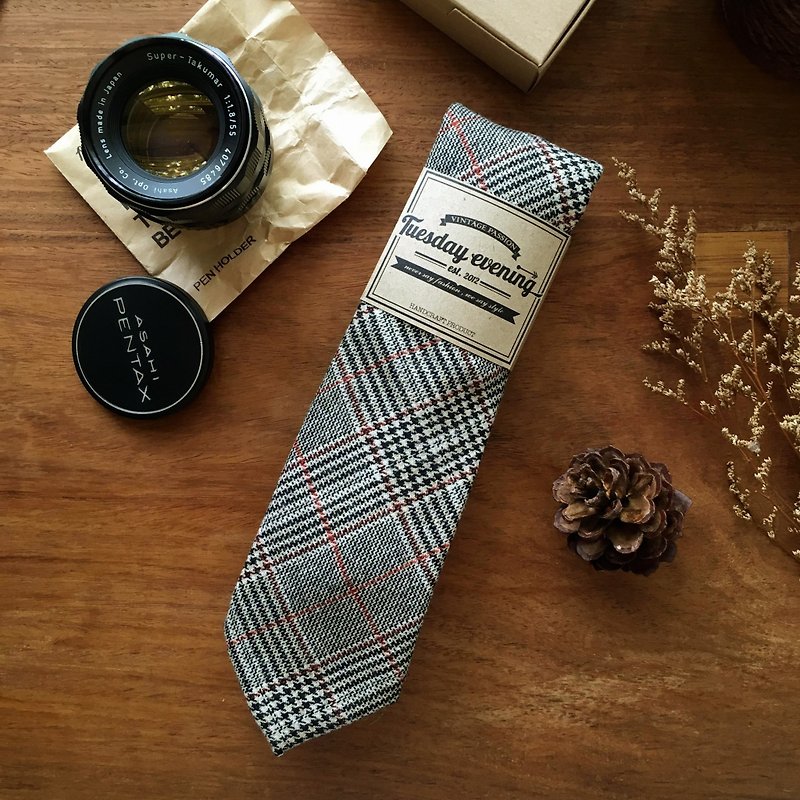 Cotton Glen Plaid (Black-Red Line) Necktie - Ties & Tie Clips - Cotton & Hemp White