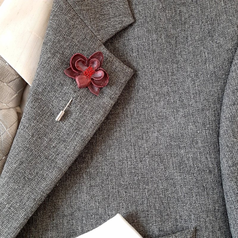 Men's lapel pin leather flower orchid, Fathers day gift for him Leather boutonni - Brooches - Genuine Leather Red