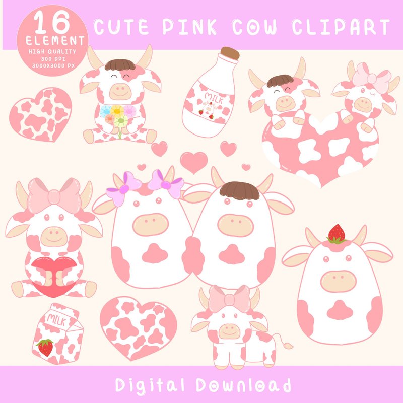Cute pink little cow ClipArt, download stickers, good note decorative stickers - 電子似顏繪/繪畫/插畫 - 其他材質 