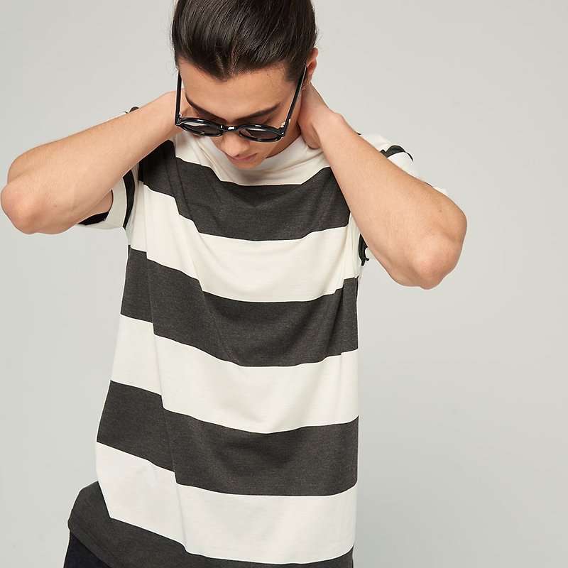 Stone@s Strip Wide T-Shirt / black and white horizontal stripe Tee - Men's T-Shirts & Tops - Cotton & Hemp Silver