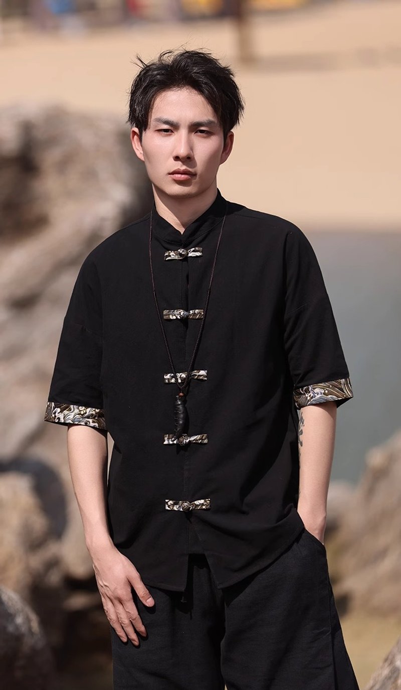 New Chinese retro contrast color buttoned short-sleeved shirt - Men's Shirts - Other Materials Black