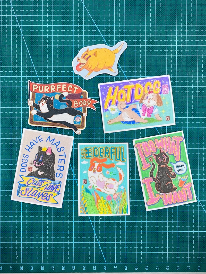 Cute Dog & Cat's Meme Illustration Waterproof Stickers Set (5pcs + FREE1) - สติกเกอร์ - วัสดุกันนำ้ 