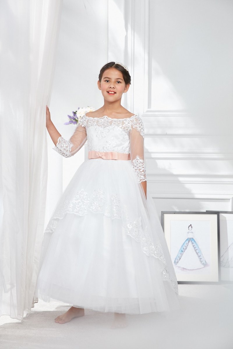 大馬士革玫瑰金漾洋裝 - 男/女童禮服 - 聚酯纖維 白色