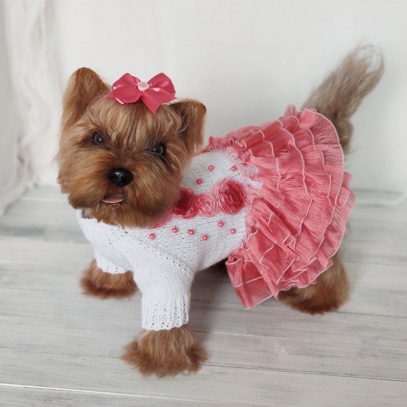 Handmade small dog clothes for girl with embroidery flowers Fancy knit dog dress - Clothing & Accessories - Wool 