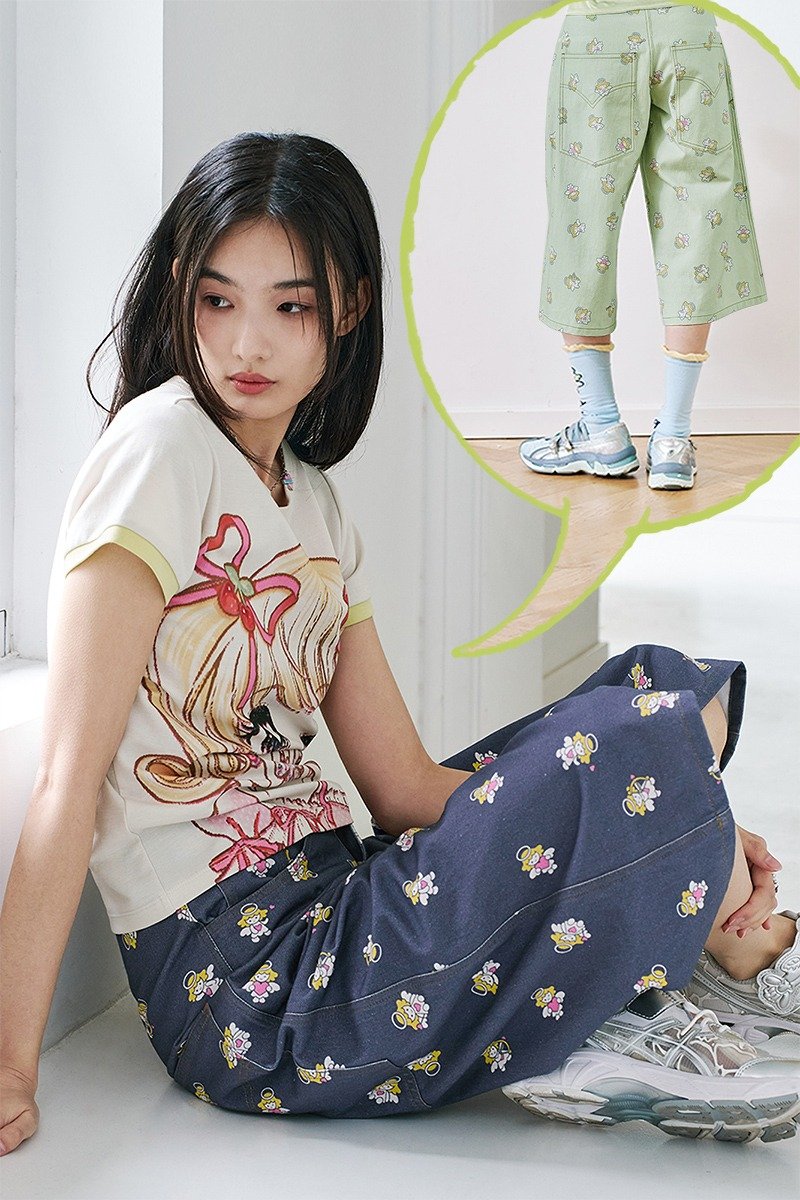 雙色小天使印花牛仔褲七分褲百搭夏季 - 女長褲 - 其他材質 多色