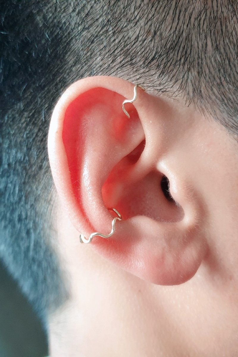 簡約 波浪耳圈/耳骨夾 SV925/14KGF 養耳洞耳環 第二耳洞 鼻環 - 耳環/耳夾/耳骨夾 - 純銀 金色