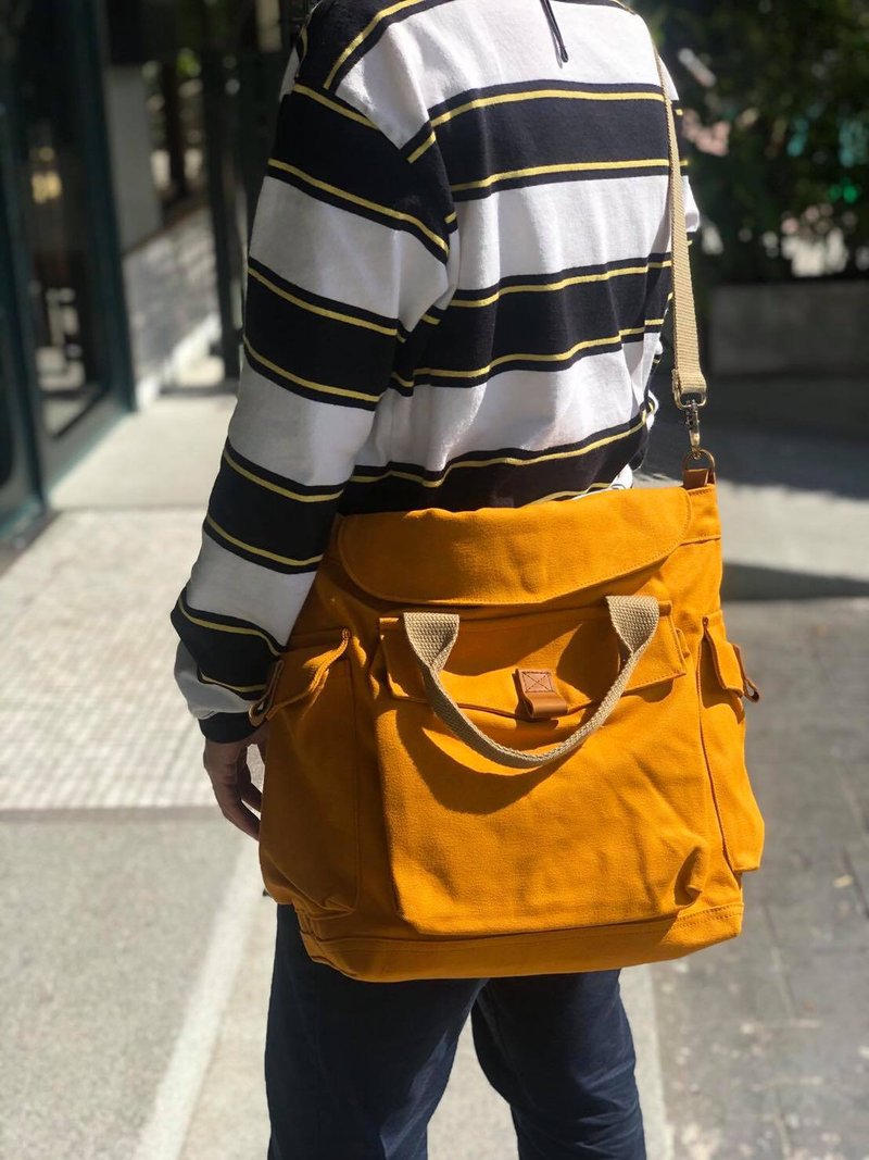 New Mustard Canvas 2way Bag / Messenger Vintage Style - 側背包/斜背包 - 棉．麻 黃色