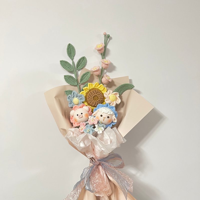 Crochet Sunflower Pig Pig Sheep Sheep Flower Bouquet - ช่อดอกไม้แห้ง - ผ้าฝ้าย/ผ้าลินิน หลากหลายสี